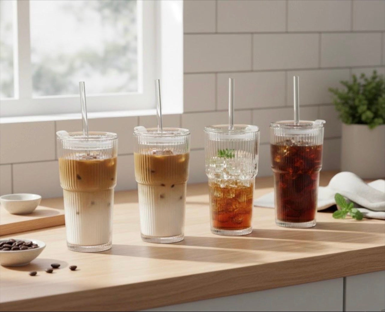 Four fluted glass iced coffee tumblers by Lightning Essentials, showcasing a stylish design for home café enjoyment.