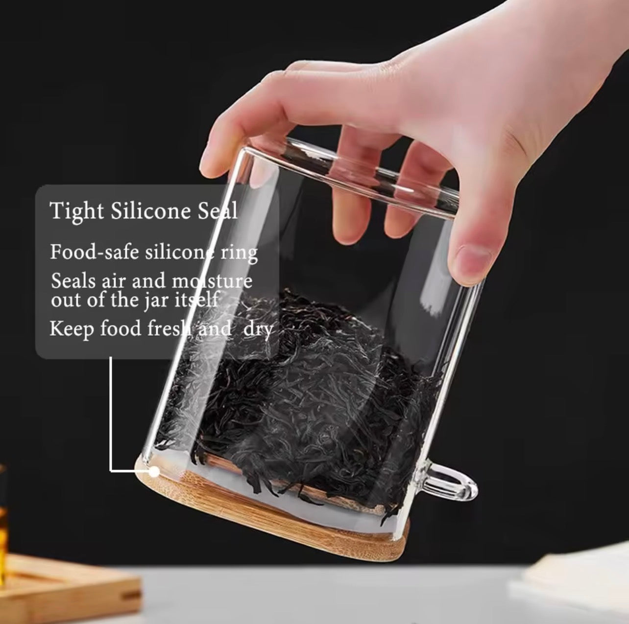 Glass coffee jars with bamboo lids and spoons, 18oz, showcasing airtight design and elegant kitchen storage.