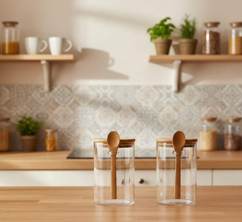 Glass coffee jars with bamboo lids and spoons, 18oz airtight storage for coffee beans or grounds by Lightning Essentials.