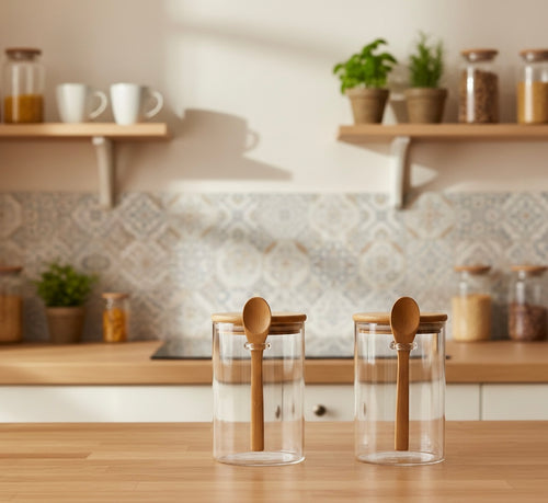 Glass coffee jars with bamboo lids and spoons, 18oz airtight storage for coffee beans or grounds by Lightning Essentials.