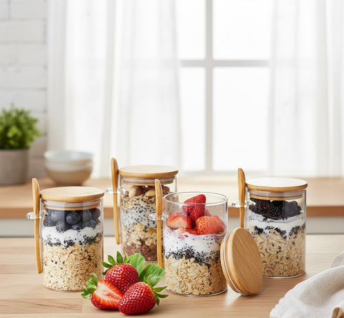 Glass coffee jars with bamboo lids and spoons, 18oz airtight containers by Lightning Essentials.